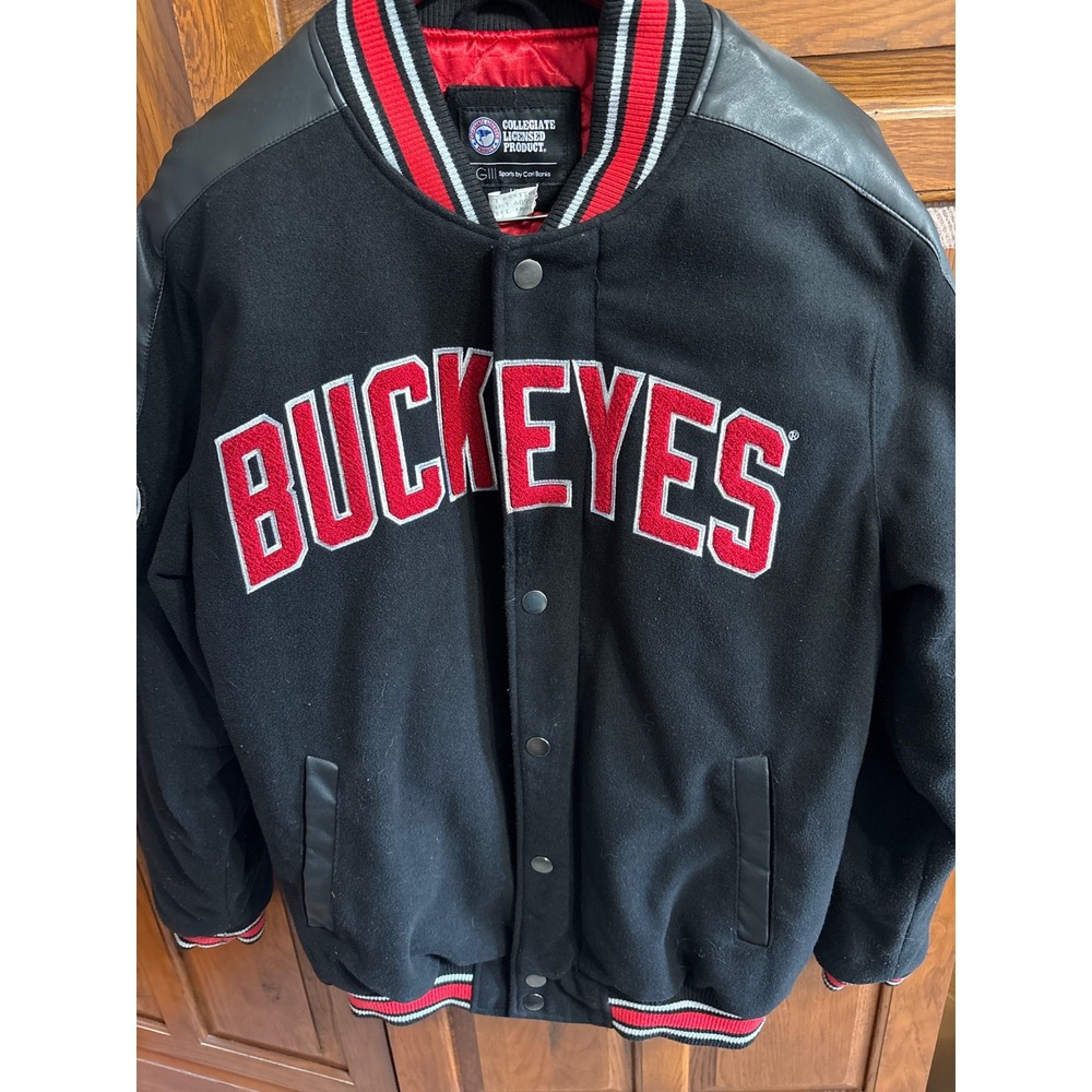 Ohio State Buckeyes VTG Varsity Jacket Large Black Wool Faux Leather Brutus